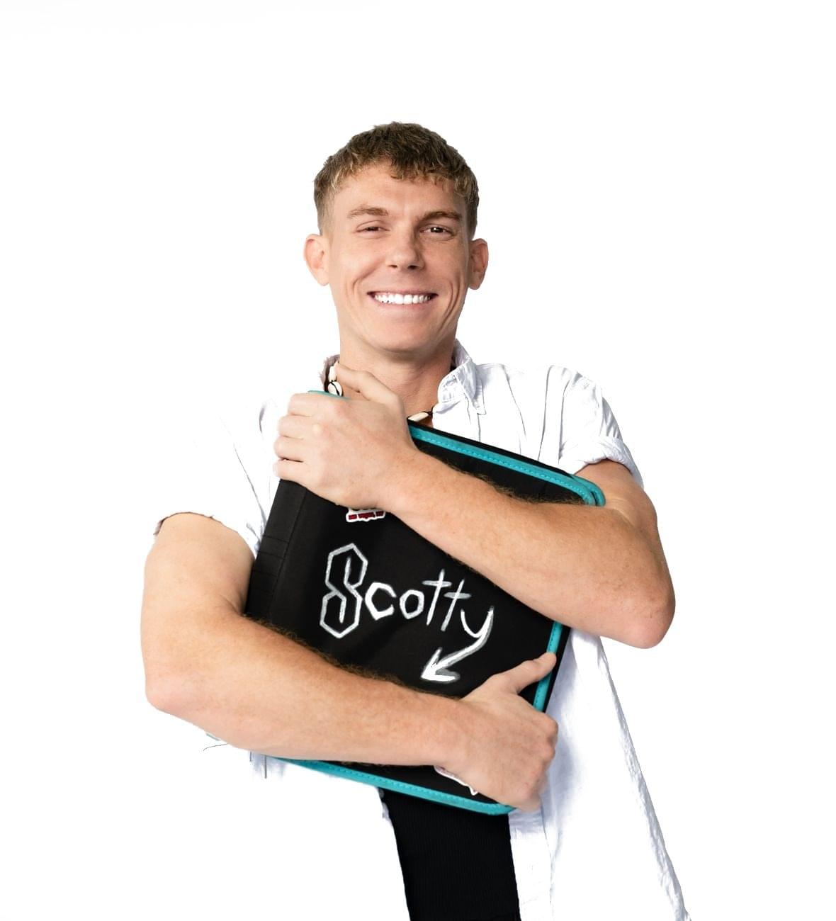 Punk Rock Brunch performer hugging a binder that says Scotty
